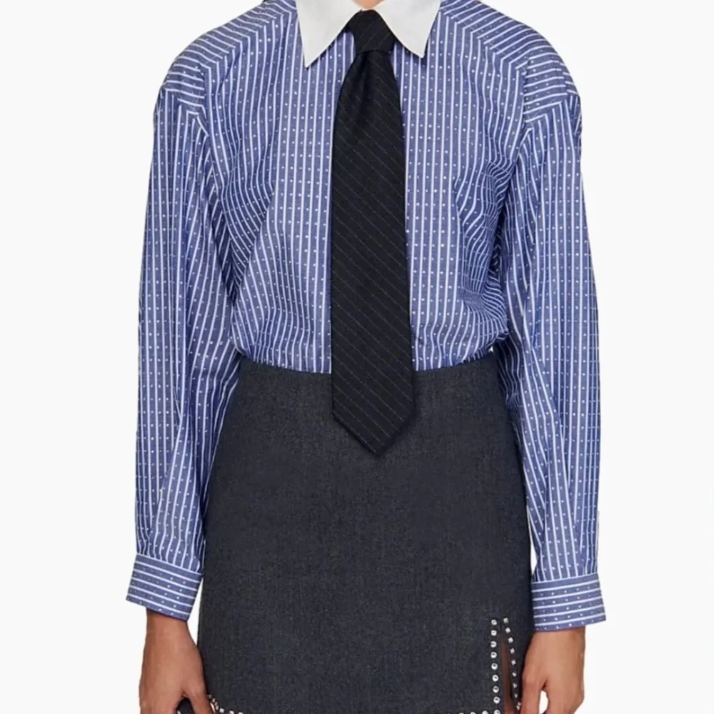 Sandro Blue Striped Button-Front Shirt with White Collar - Picture 6 of 10